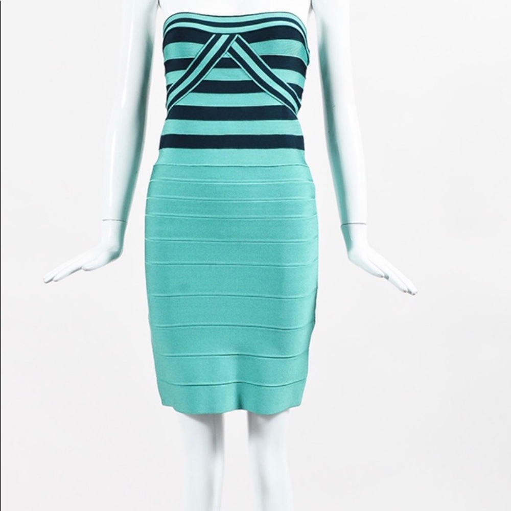 HERVE LEGER Green & Navy Striped Strapless Dress